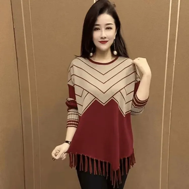 秋季网红新款时尚百搭中长款宽松大码气质印花流苏设计舒适妈妈装