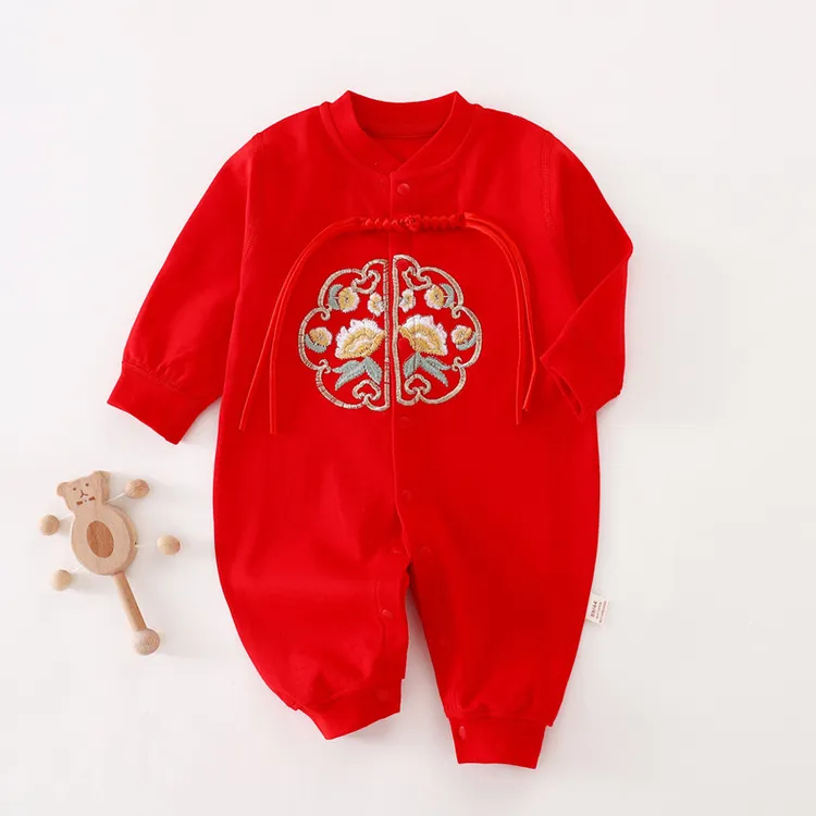 大红色婴儿连体衣薄款满月百天礼服百日宴刺绣纯棉宝宝拍照服装