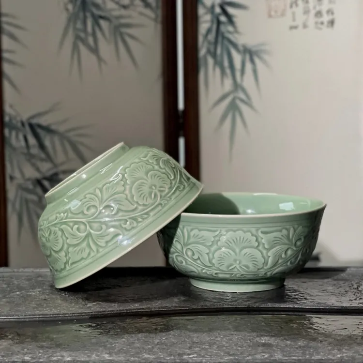 宋品天耀耀州窑7英寸宫廷牡丹碗高温瓷青瓷易洗家用陶瓷面碗饭碗