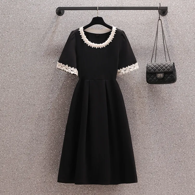 OS030大码胖MM夏季新款小黑裙时尚洋气短款裙子收腰高档连衣裙