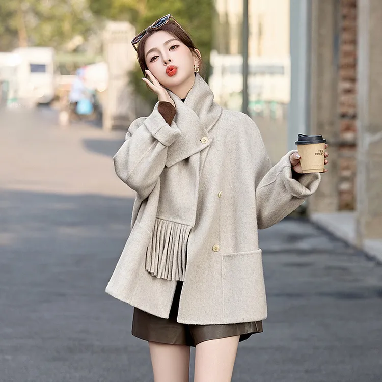 冬季新款休闲气质围巾百搭双面呢大衣小个子羊毛保暖毛呢外套
