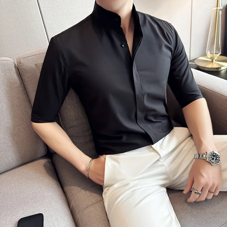 夏季痞帅立领衬衫男中袖弹力垂感高级感五分袖修身男士短袖衬衣