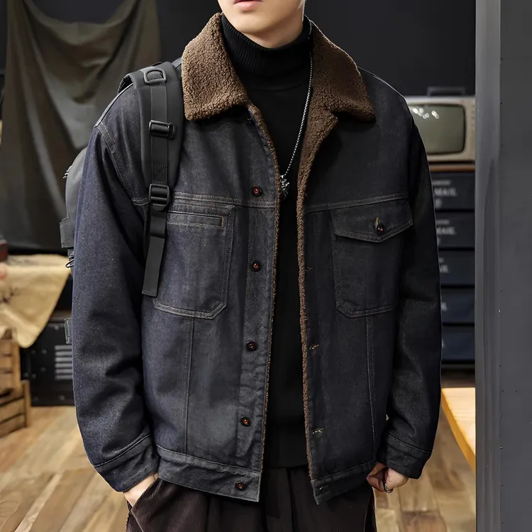 美式原浆丹宁羊羔绒牛仔外套男2025冬季新款加绒加厚保暖棉服夹克