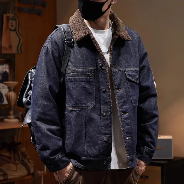 羊羔绒短款牛仔外套男冬季2025新款美式棉服男士工装夹克加厚棉衣