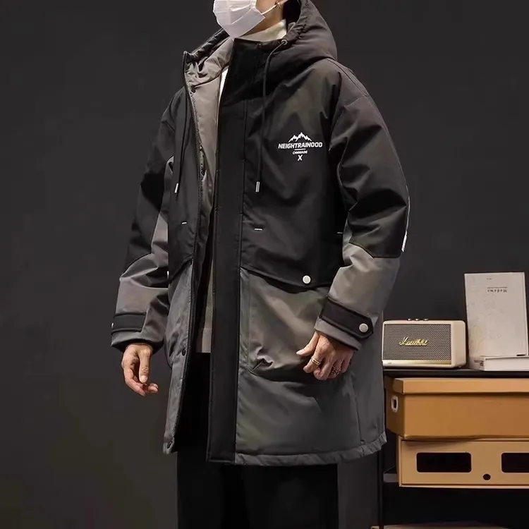 2025冬季新款中长款大码羽绒服男加厚保暖防寒服工装商场连帽外套