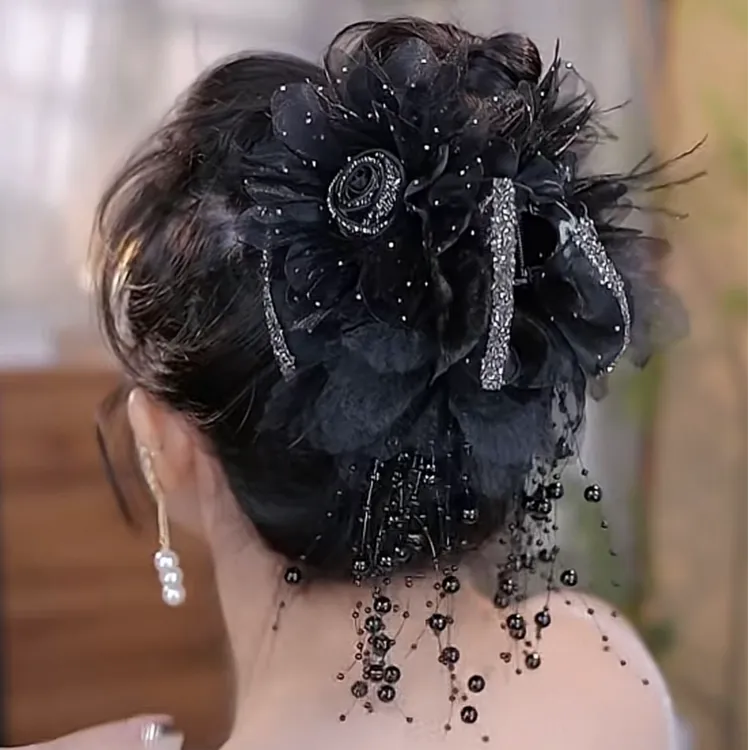 韩版满天星玫瑰流苏抓夹百搭气质超仙气手工鲨鱼夹子显发量多发饰