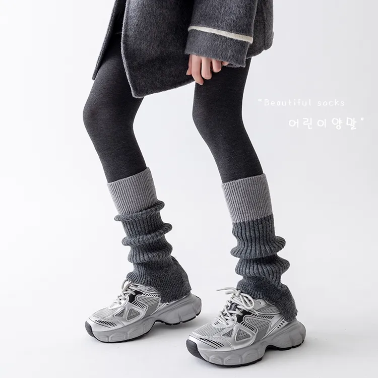 时尚拼色堆堆袜套女y2k秋冬针织毛线腿套灰色加厚保暖小腿袜韩版