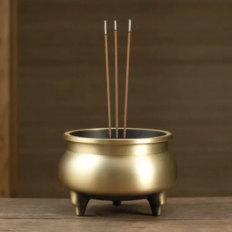 黄铜《三足圆口香炉》家用点香炉室内线香插香檀香炉茶道三足炉