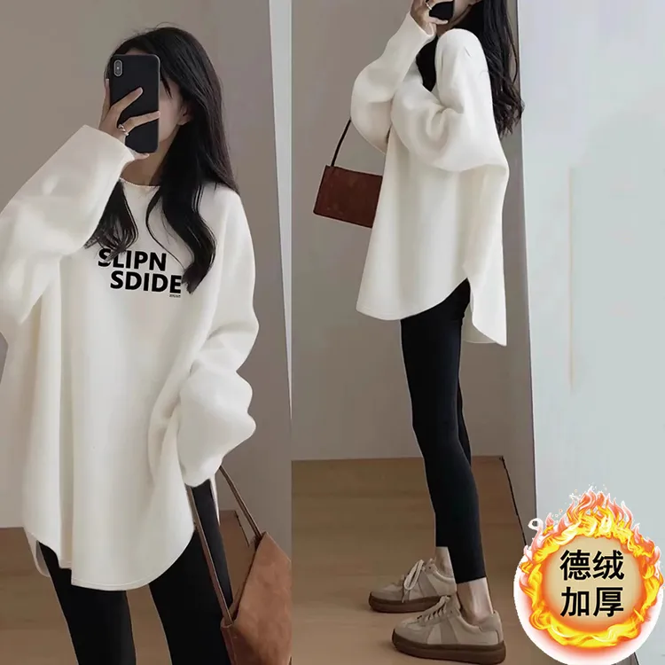 爆款百搭新款加厚德绒打底衫女内搭t恤中长款减龄大版宽松上衣服