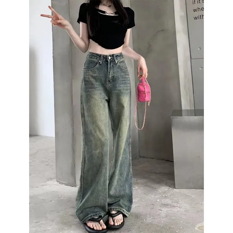 美式复古直筒牛仔裤子女小个子水洗做旧宽松高腰阔腿拖地裤春秋季