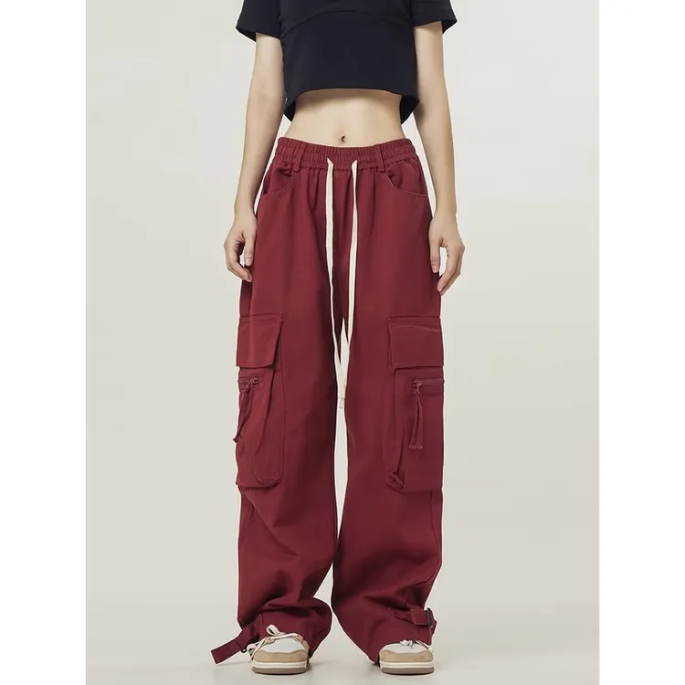 美式复古高街宽松阔腿酒红口袋工装裤男女春夏潮牌街舞裤拖地长裤