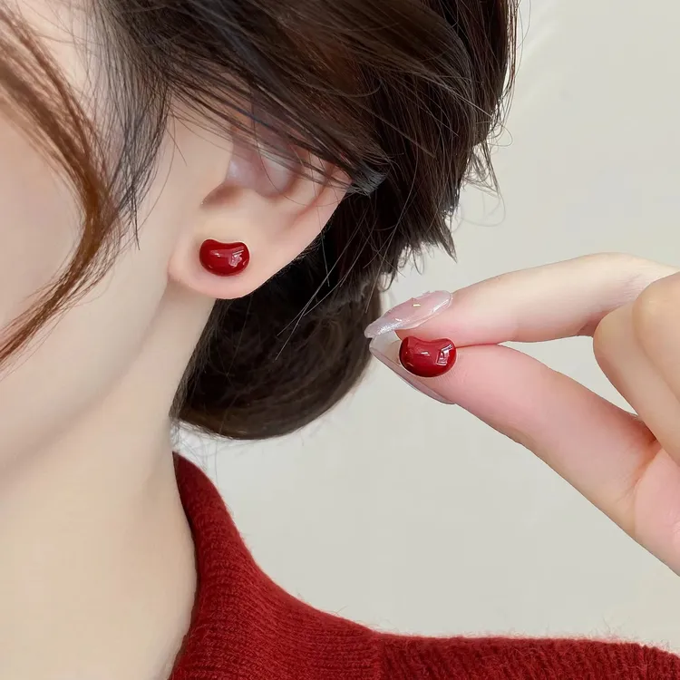 铜合金耳饰 【豆儿】简约时尚可爱气质百搭红色咖色滴釉红豆耳饰