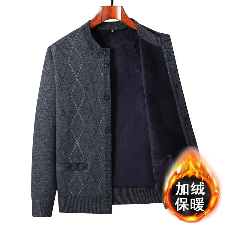 新款中老年男士加绒加厚开衫毛衣爸爸秋冬季保暖中年针织宽松外套