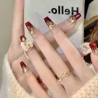 495长款酒红24片装法式蝴蝶结穿戴美甲显白时尚成品假指甲贴片