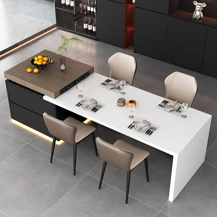 简约意式定制旋转大理石升降厨房岛台餐桌一体可伸缩倒台台加吧台