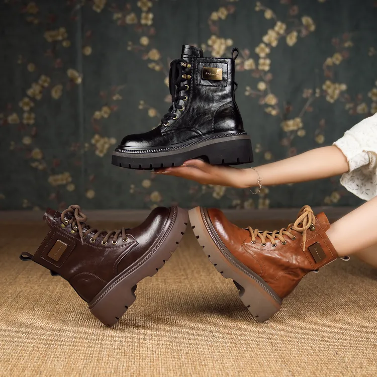 真皮马丁靴厚底百搭复古圆头厚底小个子短靴子9167英伦风秋冬系带