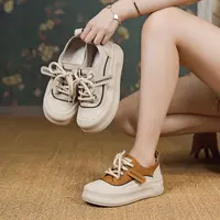 真皮复古鞋女款网红圆头厚底休闲鞋百搭软底板鞋女13535