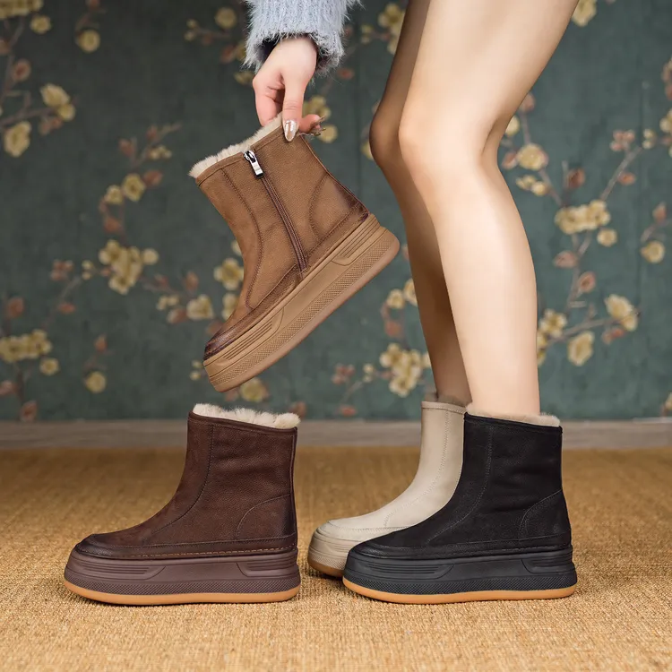 暖阳.真皮复古雪地靴女2025年秋冬新款马丁靴显瘦厚底短靴 13095