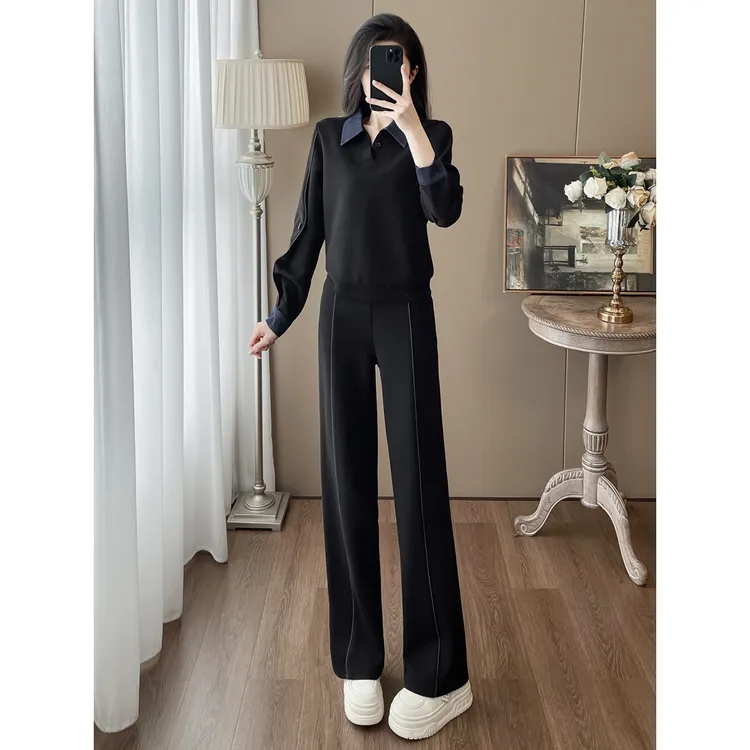 高级感休闲运动套装女秋季时髦显瘦牛仔拼接卫衣直筒裤两件套