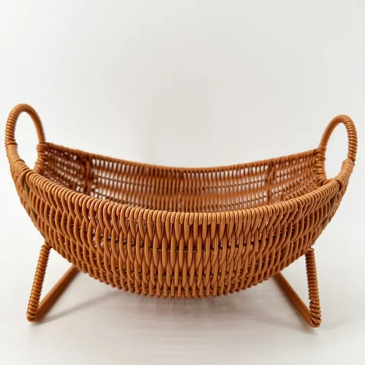 K3家用棕色旦形创意造型客厅轻奢风水果篮纯手工编织30*25*10