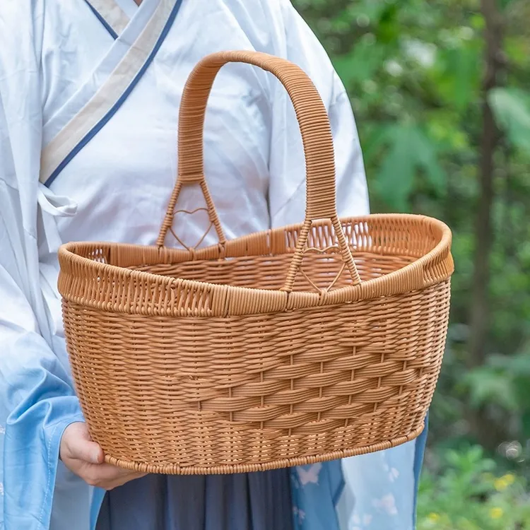 J1特大号元宝手提篮子手工编织仿藤编手提篮户外摘菜家用买菜篮子