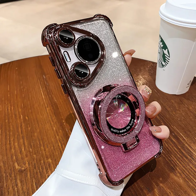 华为P70闪粉支架手机壳Mate60Pro网红50荣耀magic6电镀透明保护壳