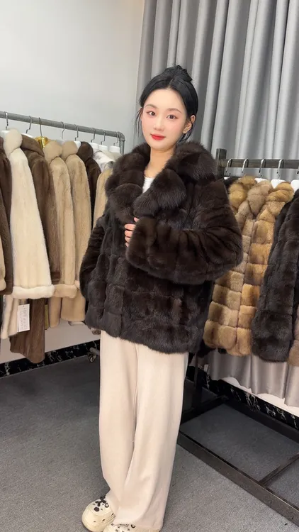 2025新款进口俄罗斯农夫色皮草外套女西装领貂皮大衣外套