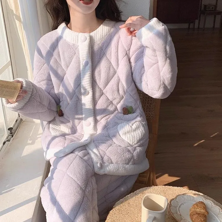 三层夹棉袄加厚绣花睡衣女冬季珊瑚绒保暖开衫甜美可爱家居服套装