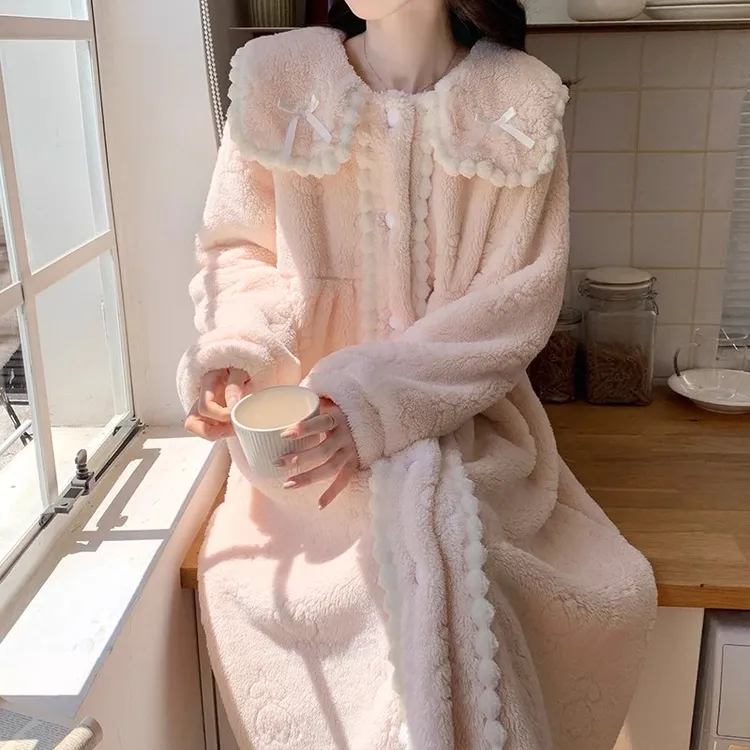 睡衣女秋冬季甜美公主风法兰绒保暖浴袍珊瑚绒加厚家居服睡袍套装