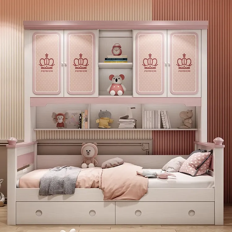 衣柜床一体轻奢儿童床女孩粉色公主床多功能组合床实木美式储物床