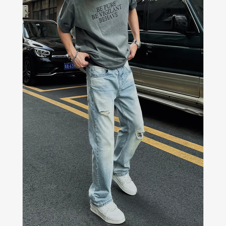 YIHAO STUDIO秋季男士破洞牛仔裤美式宽松直筒蓝色水洗裤子