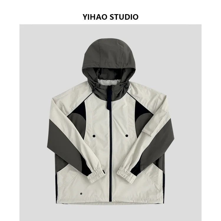 YIHAO STUDIO秋款男士连帽夹克外套拼接撞色户外防水防风冲锋衣