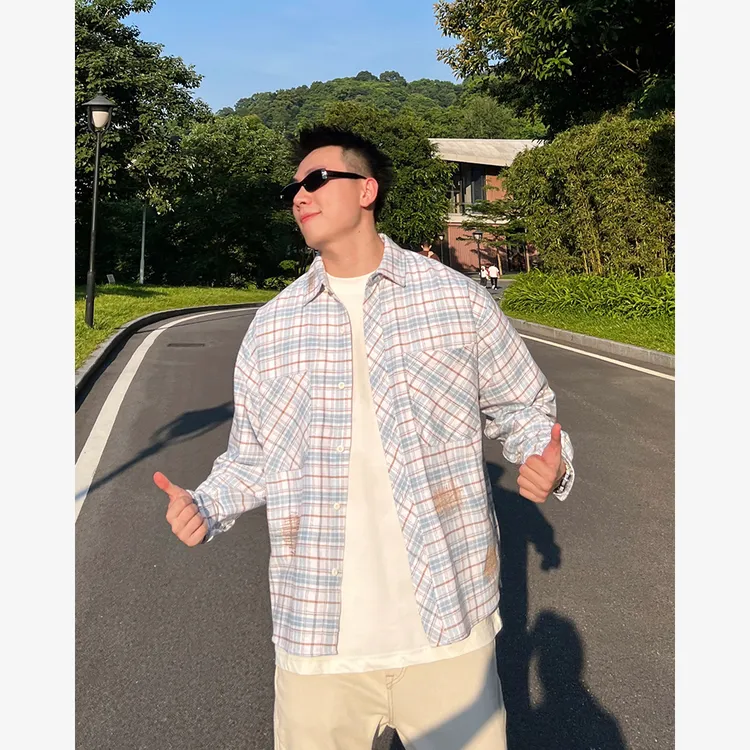 YIHAO STUDIO秋季新款男士小格子衬衫宽松复古男款长袖衬衣小外套