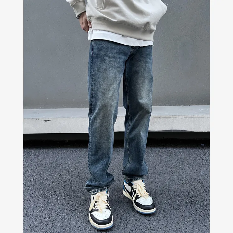 YIHAO STUDIO秋款男士磨毛蓝色牛仔裤直筒休闲百搭做旧长裤