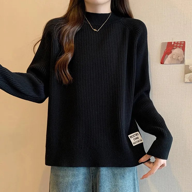 大码遮肚子半高领加厚打底毛衣女秋冬胖MM宽松显瘦百搭针织衫上衣
