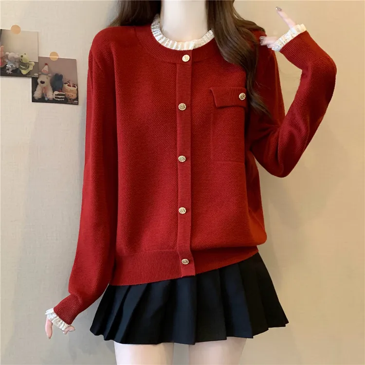 宽松遮肚【80-180斤】蕾丝拼接小香风毛衣女秋冬减龄打底衫花边上衣