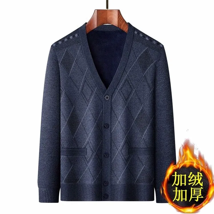中老年男士秋冬开衫加绒加厚爸爸装外套冬季保暖针织毛衣纽扣长袖