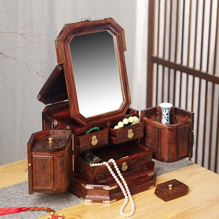 首饰盒箱中式带锁精致首饰收纳盒老挝大红酸枝红木家居耳钉收纳盒