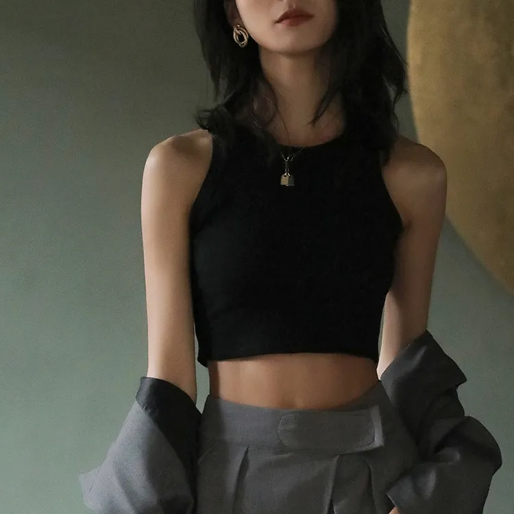 网红短款黑色打底螺纹吊带背心女夏季内搭无袖设计感外穿上衣潮小