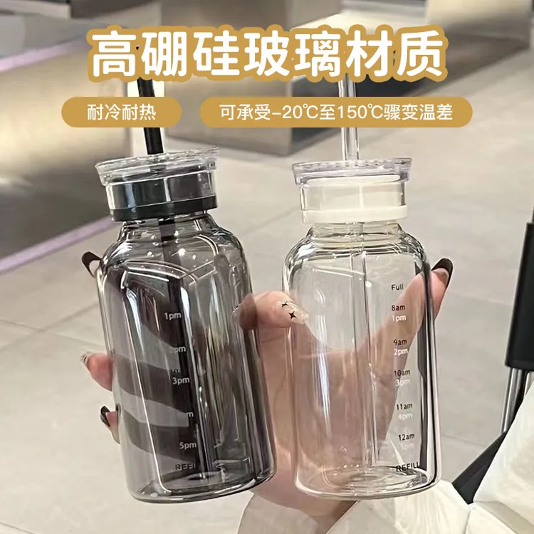 高颜值玻璃杯双盖耐高温便携式吸管杯子高级感in随手杯高硼硅玻璃