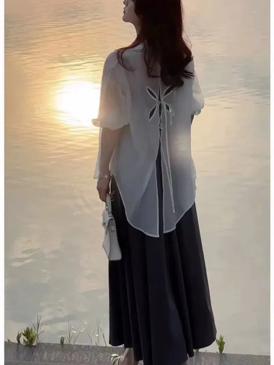 韩版时尚设计高级感百搭气质长袖衬衫女后背镂空系带休闲简约上衣