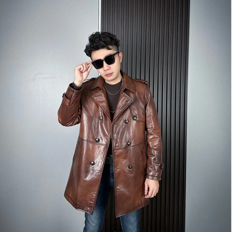 美拉德色系真皮皮衣中长款风衣头层山羊皮羽绒内胆复古潮流皮衣
