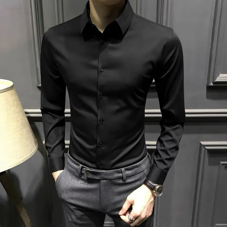 2025新款无痕衬衫男长袖休闲高级男士高端刺绣衬衣修身免烫商务男