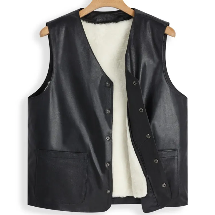 进口牛皮马甲男女羊皮羊毛一体马夹坎肩背心爸爸中老年秋冬季外套