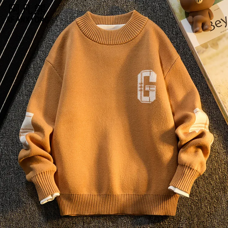 男童纯棉提花字母毛衣2025新款秋冬款套头儿童加绒加厚针织打底衫