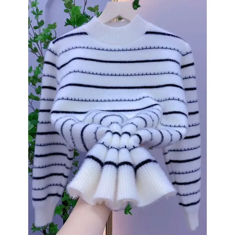 仿水貂绒毛衣女2024秋冬新款宽松套头半高领拼色针织条纹打底衫潮