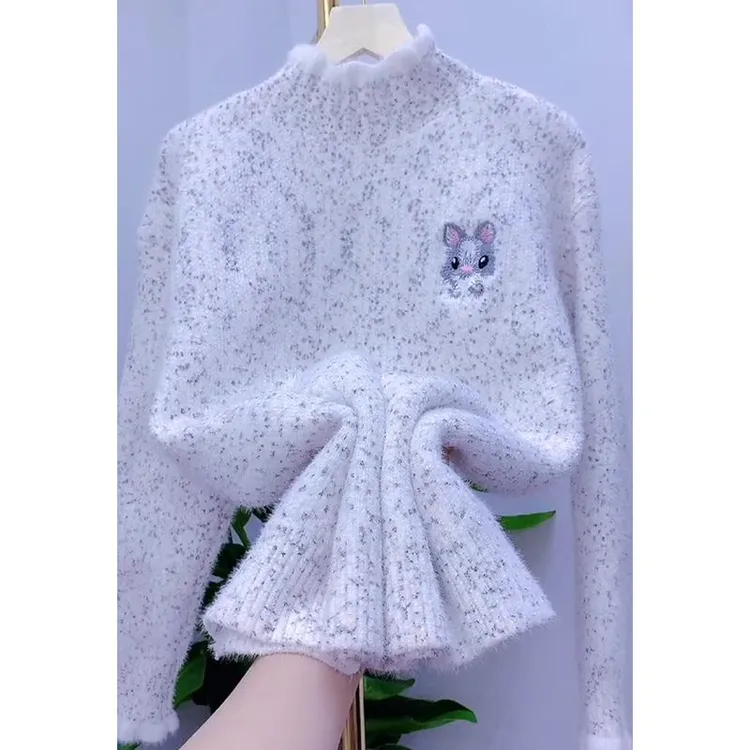 半高领花边领雪尼尔毛衣女秋冬新款加绒加厚套头慵懒风显瘦打底衫