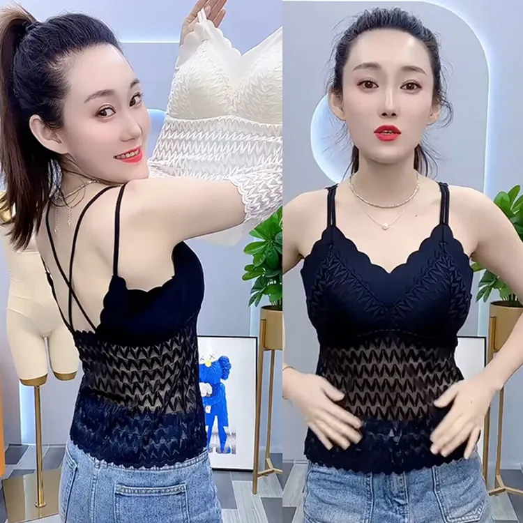 固定一体杯法式性感蕾丝美背吊带背心文胸内搭外穿