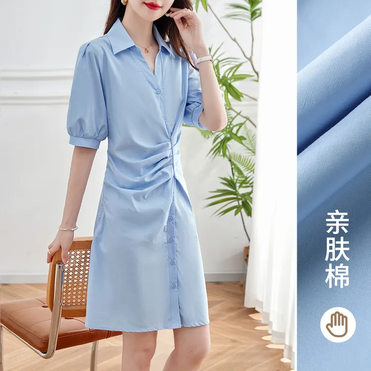 尚静气质抽褶设计单排扣连衣裙2025夏新款时尚气质翻领淑女连衣裙