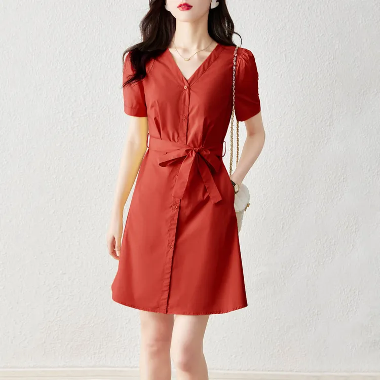 尚静简约气质百搭V领收腰显瘦A字裙2025夏新款休闲女式连衣裙宽松